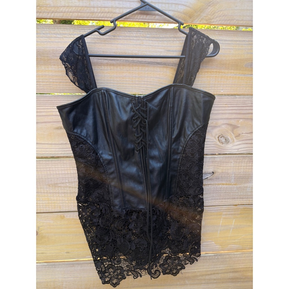 Black Faux Leather Lace Corset Top Gothic Steampunk 3XL Zip Back Lace-Up Front - Picture 3 of 9